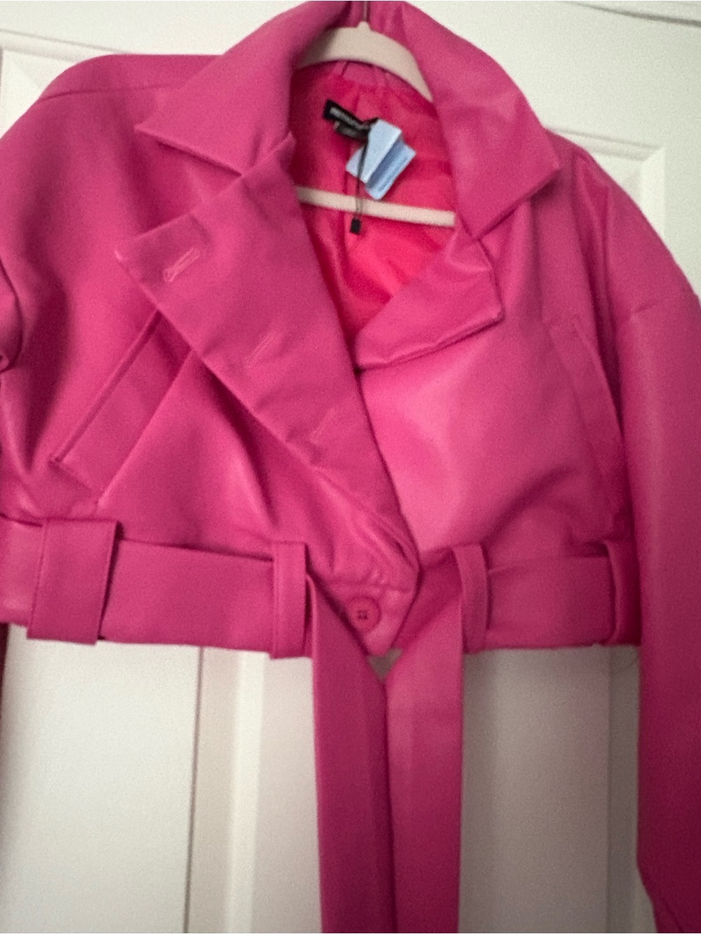 PrettyLittleThing Vibrant Pink Cropped Belted Trench Jacket